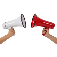 Hands holding megaphones red and white isolated on transparent background