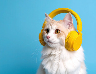 Sitting grey-white cat wearing bold headphones