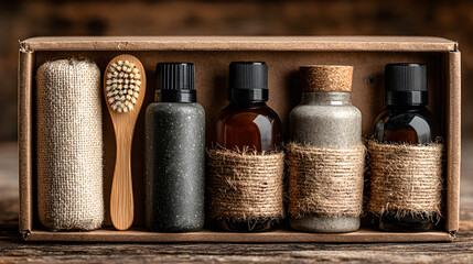 Sustainable refillable skincare set neatly arranged in an open cardboard box, emphasizing eco-consciousness