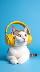 Sitting calm cat with grey markings wearing headphones