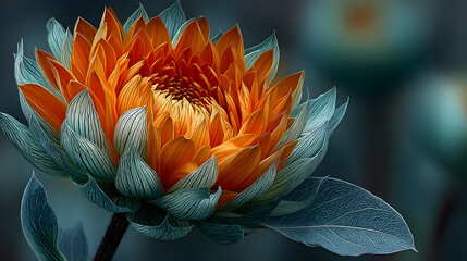 Artistic close-up capturing the beauty of a budding sunflower, featuring vibrant orange and green colors