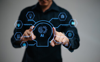 woman hand with cupped hands under a glowing AI interface surrounded by futuristic tech icons....
