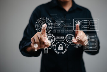 man holding smartphone with holographic lock and data network graphics. Concept of cybersecurity,...