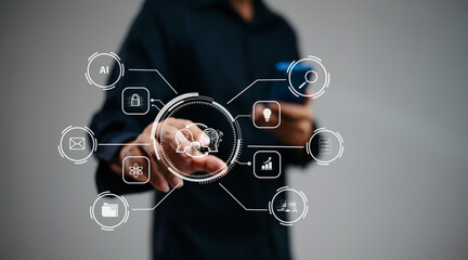 woman hand with cupped hands under a glowing AI interface surrounded by futuristic tech icons. Ideal for artificial intelligence, innovation