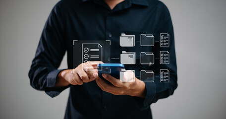 Man tapping on smartphone with floating digital checklist UI. Concept of mobile productivity, task management, paperless work flow
