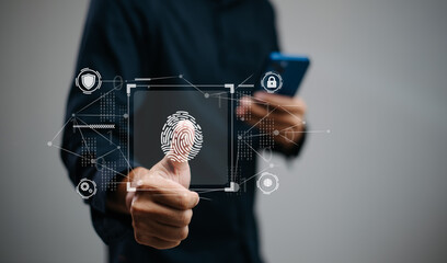 man hand with cupped hands under a glowing AI interface surrounded by futuristic tech icons.