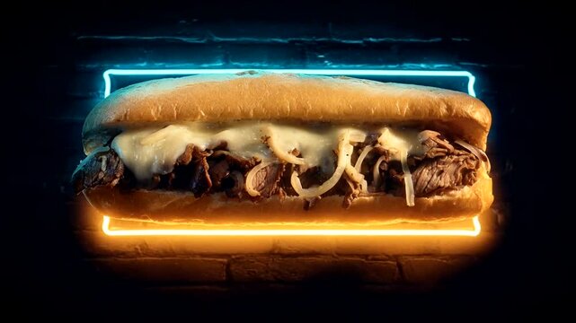 Close-up of a beef sandwich with melted cheese and onions.