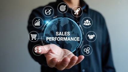 Businessman holding a holographic globe displaying sales performance with icons representing business growth and success