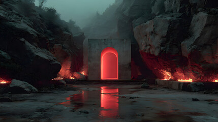 Glowing Red Portal in Dark Stone Architecture