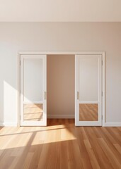 Fototapeta premium Empty room with mirrored closet doors and wooden floor Empty room interior design architecture blank design room