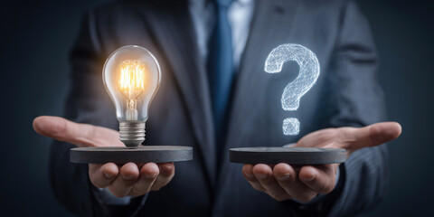 Businessman weighing ideas and questions in office