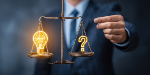 Businessman weighing ideas and questions in office