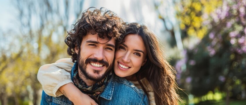The joyful couple enjoying a sunny day in a beautiful outdoor setting.