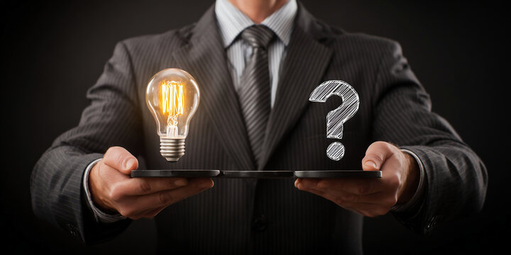 Businessman weighing ideas and questions in office