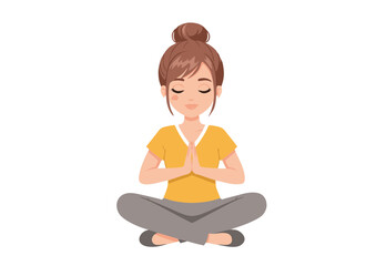 Cartoon Woman Meditating in Lotus Position with Hands in Prayer Pose.