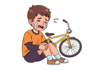 Crying Boy with Knee Injuries and Yellow Bicycle After Accident.