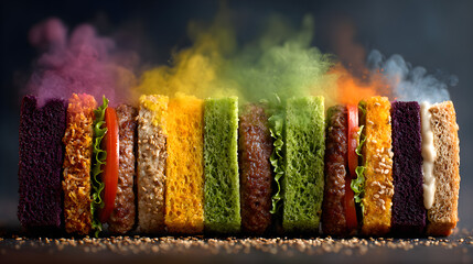 Visually striking gourmet burgers stacked vertically, emitting colorful, vibrant smoke plumes