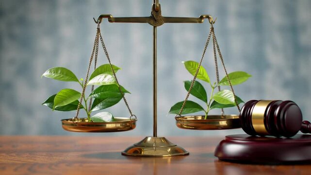 Justice Scales with Seedlings and Brown Gavel on Wood Symbolizing Environmental Law and Sustainability Against
