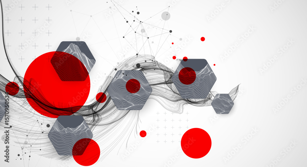 Poster scientific and technological background. wave with wireframe hexagons of different types on a gray g