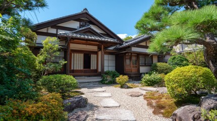 A serene image of a traditional Japanese house with a sloping roof, sliding shoji doors, and a beautifully manicured garden, set against a clear blue sky.