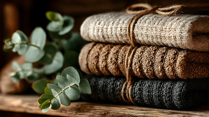 Neatly folded beige towels stacked aesthetically on a wooden shelf, accented by jute string and fresh eucalyptus