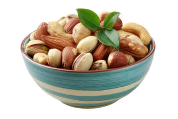 Bowl of mixed nuts with green leaves on transparent background