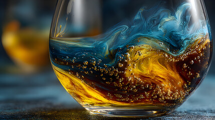 Luxurious amber-colored liquid swirling elegantly in a wine glass, artistically captured against a dark background