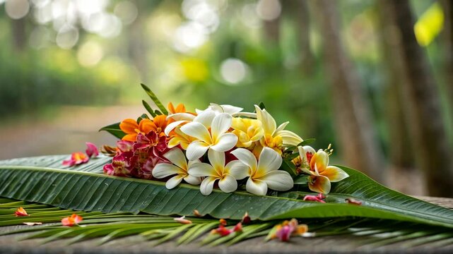 Vibrant Floral Arrangement on Palm Leaves for Onam Festival