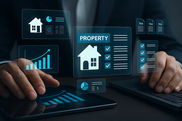 Person reviewing property data and tax information on a futuristic digital interface