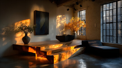 Minimalist studio interior featuring a clean wooden platform artistically illuminated by warm sunlight shadows