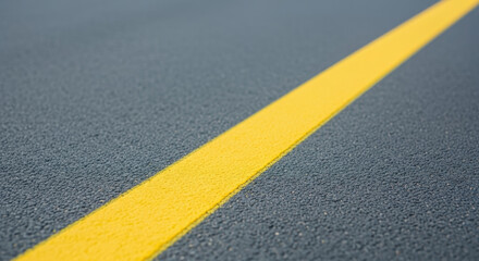 closeup single yellow line on freshly paved urban asphalt road marks traffic lane direction safety transportation concept minimal background