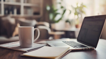 close-up of desktop with coffee mug, notepad, and online lecture paused on laptop, calm home study scene