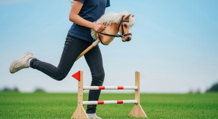 Young girl jumping over obstacle holding toy hobby horse outdoors on grass field during playful imaginative equestrian game on sunny day