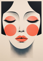 Retro art deco poster, woman portrait, closed eyes, blush cheeks, peach lips. Bold colors, clean geometric shapes. A minimalist and elegant vector illustration.