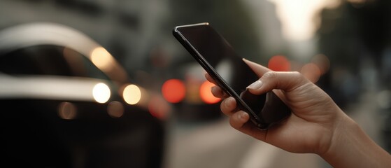 The smartphone held in hand against a bustling urban traffic backdrop.