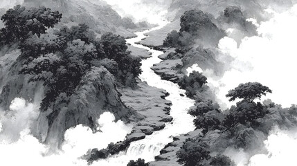 Expressive monochrome brush painting depicting a winding river gracefully flowing through dense forest foliage
