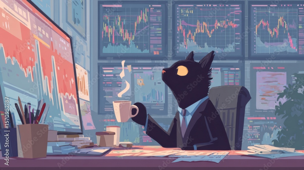 Fototapete in a chic office setting, a large virtual screen displays live stock market movements with graphics.