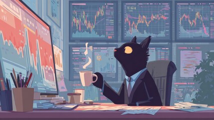 In a chic office setting, a large virtual screen displays live stock market movements with graphics. In front of the desk, a female cat in a suit is focused on the screen with a serious expression.