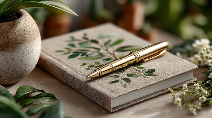 Beige notebook and sleek gold pen beautifully styled with fresh green leaves in an elegant flatlay