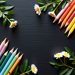 Colorful pencils and daisies arranged on a dark wooden background.
