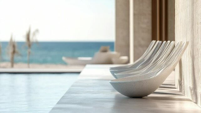 A row of chairs situated next to a swimming pool, perfect for relaxation and sunbathing