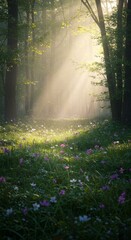 Fototapeta premium Sunbeams Illuminating a Magical Forest Meadow