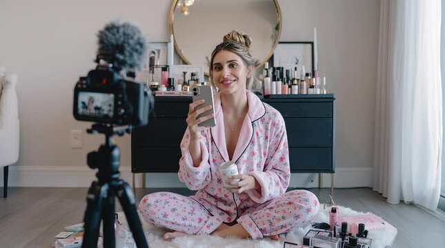 Young female influencer recording a GRWM (Get Ready With Me) video for social media, sitting on the floor and talking to her phone camera.

