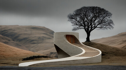 Scenic beige spiral staircase gracefully ascending rolling hills, highlighted by the silhouette of a solitary tree