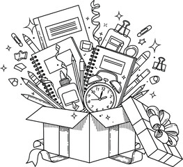 Back to school supplies in a box coloring page for kids and adults free printable vector illustration