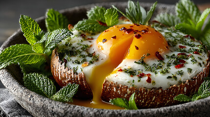 Artistic food photograph capturing a cracked egg with a vibrant yolk and fresh green herbs on rustic surface