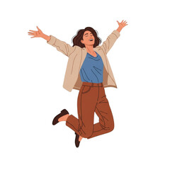 Happy woman jumping with joy isolated on transparent background