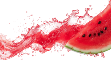  juicy watermelon slice and  splash of refreshing juice isolated on white background