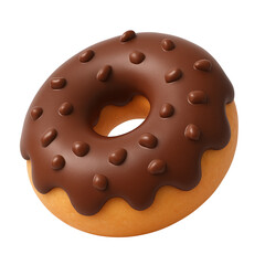 A chocolate-glazed donut, with chocolate sprinkles, sits on a white background.