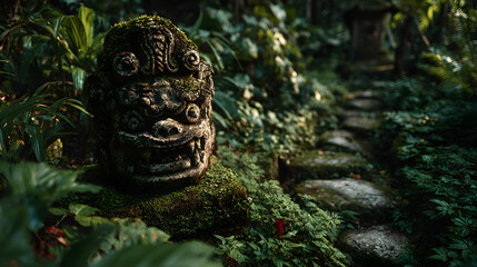 Mysterious stone carving idol positioned amid lush tropical forest foliage and soft natural light